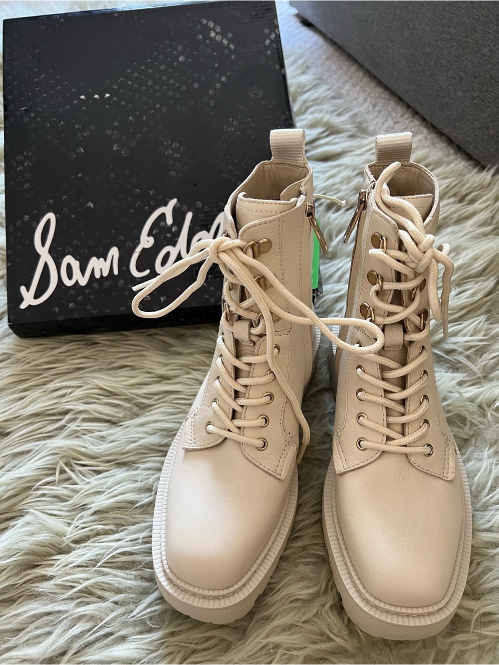 Sam Edelman Cream Lace-Up Lug Sole Combat Boots